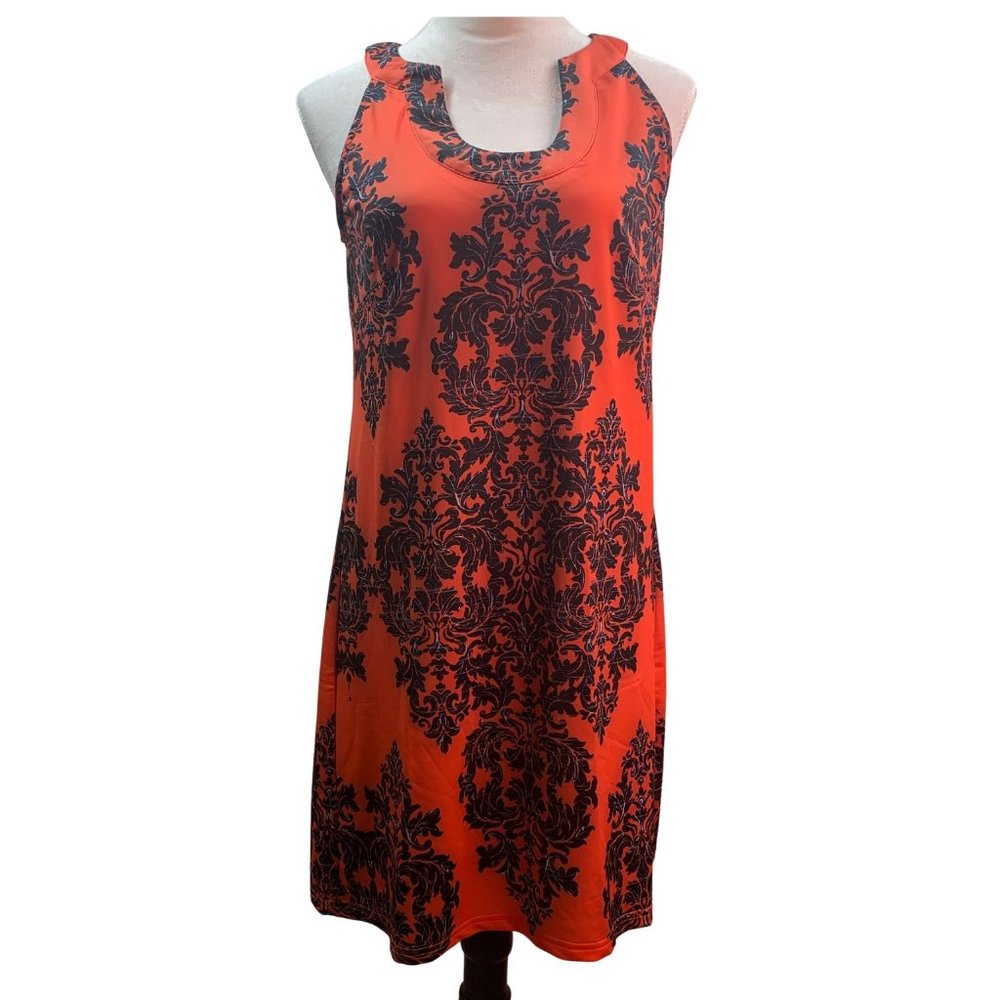 24seven Stretch Tank Dress Red & Black Print U Shaped Neck NWOT!  S